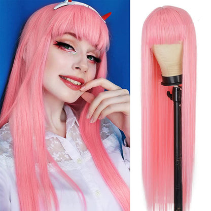 Red Color Long Silky Straight Wigs with Bangs Synthetic No Lace Wig for Fashion Women Heat Resistant Natural Looking Hair Wig for Party Cosplay