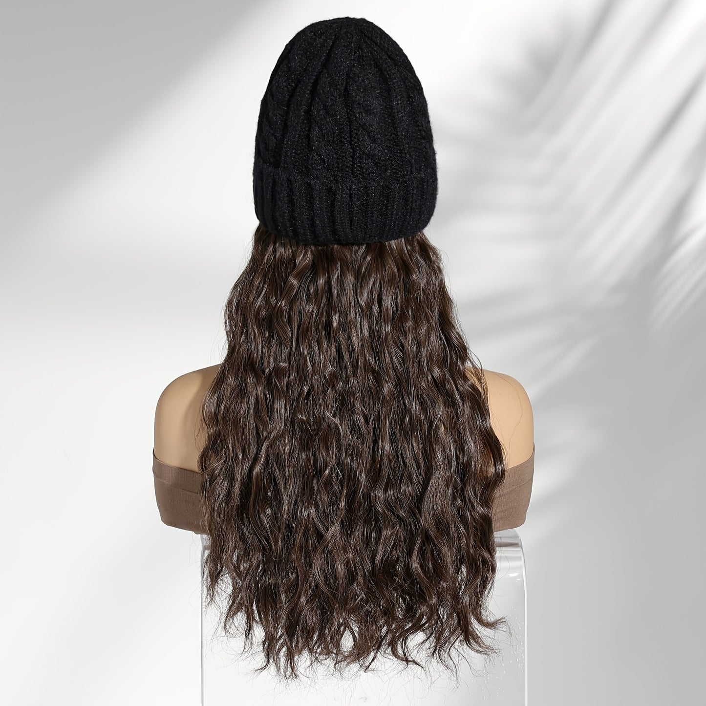 Women'S Long Wavy Curly Hair Topper with Faux Fur Pom Pom Beanie Hat for Winter Warmth and Style