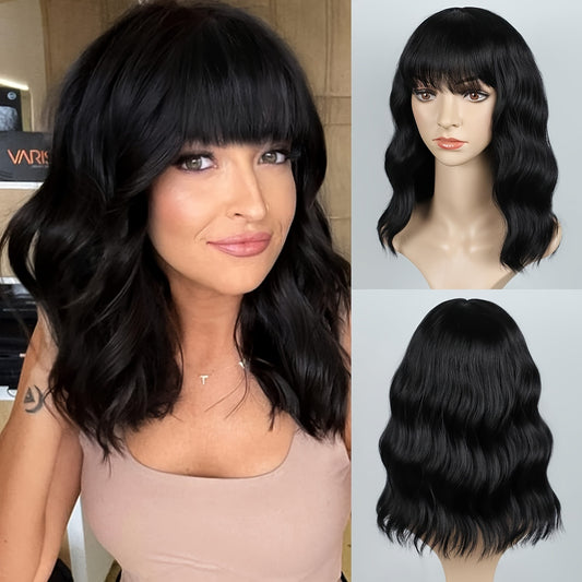 Black Wigs with Bangs for Women 14 Inches Synthetic Curly Bob Wig for Girl Natural Looking Wavy Wigs …