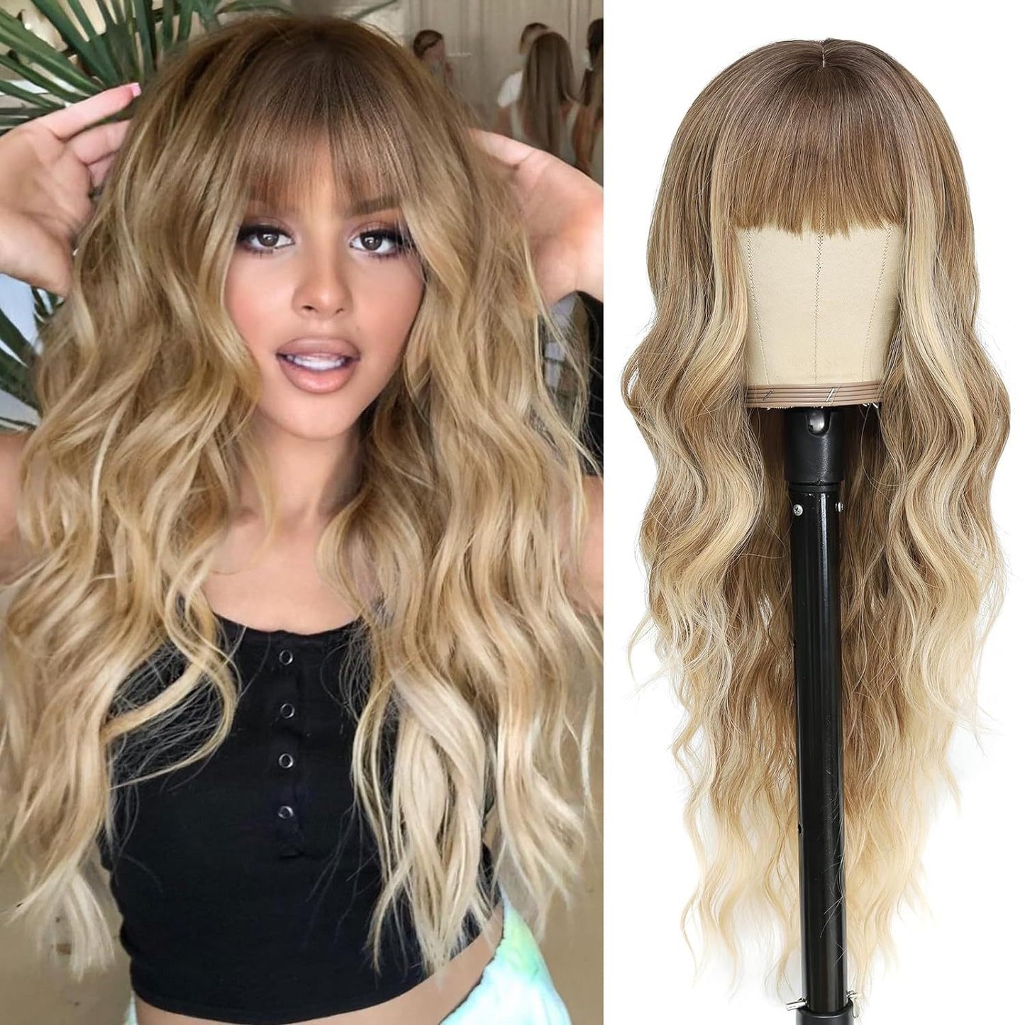 Blonde Wig With Bangs Long Wavy Curly Ombre Wig with Dark Root Synthetic Heat Resistant Wigs for Women Daily Party Use 26 Inches