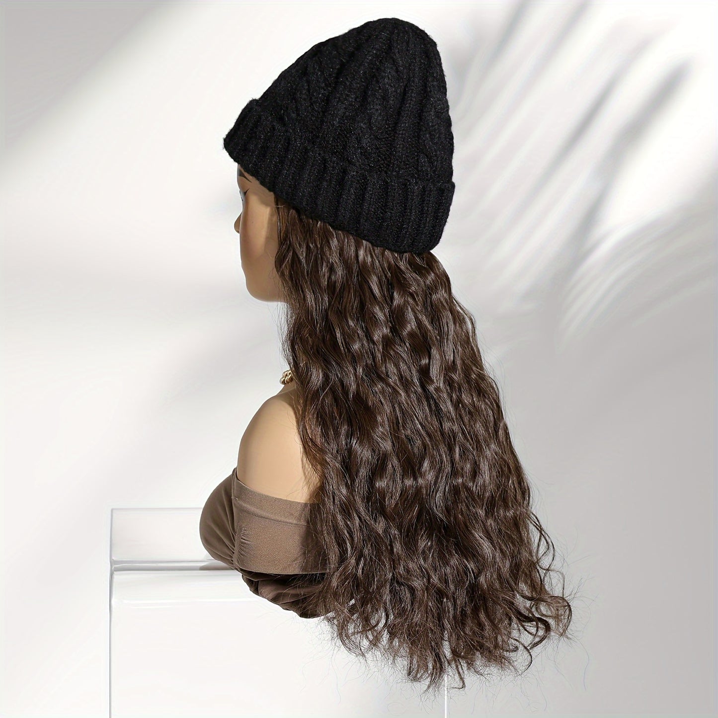 Women'S Long Wavy Curly Hair Topper with Faux Fur Pom Pom Beanie Hat for Winter Warmth and Style