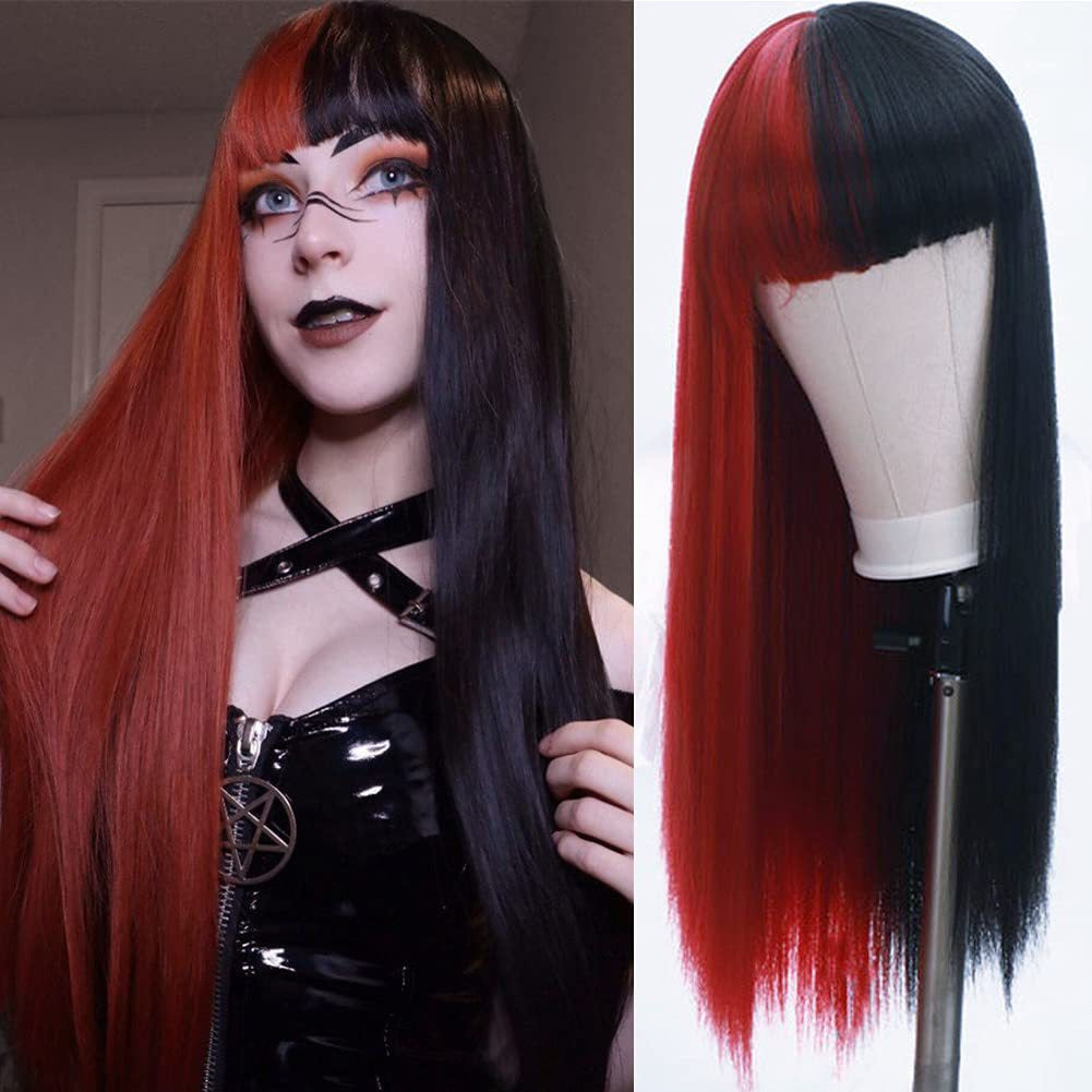 Red Color Long Silky Straight Wigs with Bangs Synthetic No Lace Wig for Fashion Women Heat Resistant Natural Looking Hair Wig for Party Cosplay