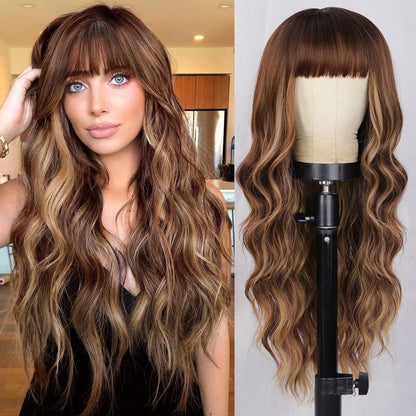 Brown Wig with Bangs for Women Long Wavy Hair Wig Brown Highlight Wig Curly Wavy Synthetic Wigs for Girls Daily Party Use