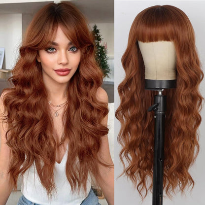 Brown Wig with Bangs for Women Long Wavy Hair Wig Brown Highlight Wig Curly Wavy Synthetic Wigs for Girls Daily Party Use