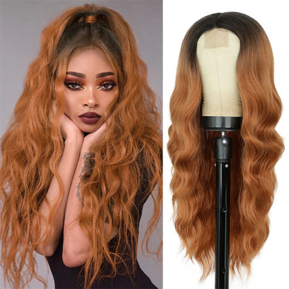 Long Wavy Middle Part Wig for Women Synthetic Curly Wigs Natural Wavy Heat Resistant Wig for Daily Party Use (Brown Mixed Blonde,24inch)