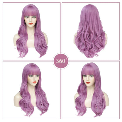 Long Purple Wigs for Women Purple Wig with Bangs Lavender Wig for Women Purple Wavy Wigs Purple Synthetic Heat Resistant Wigs for Daily Cosplay Party Winter Holiday Wig (26inch)