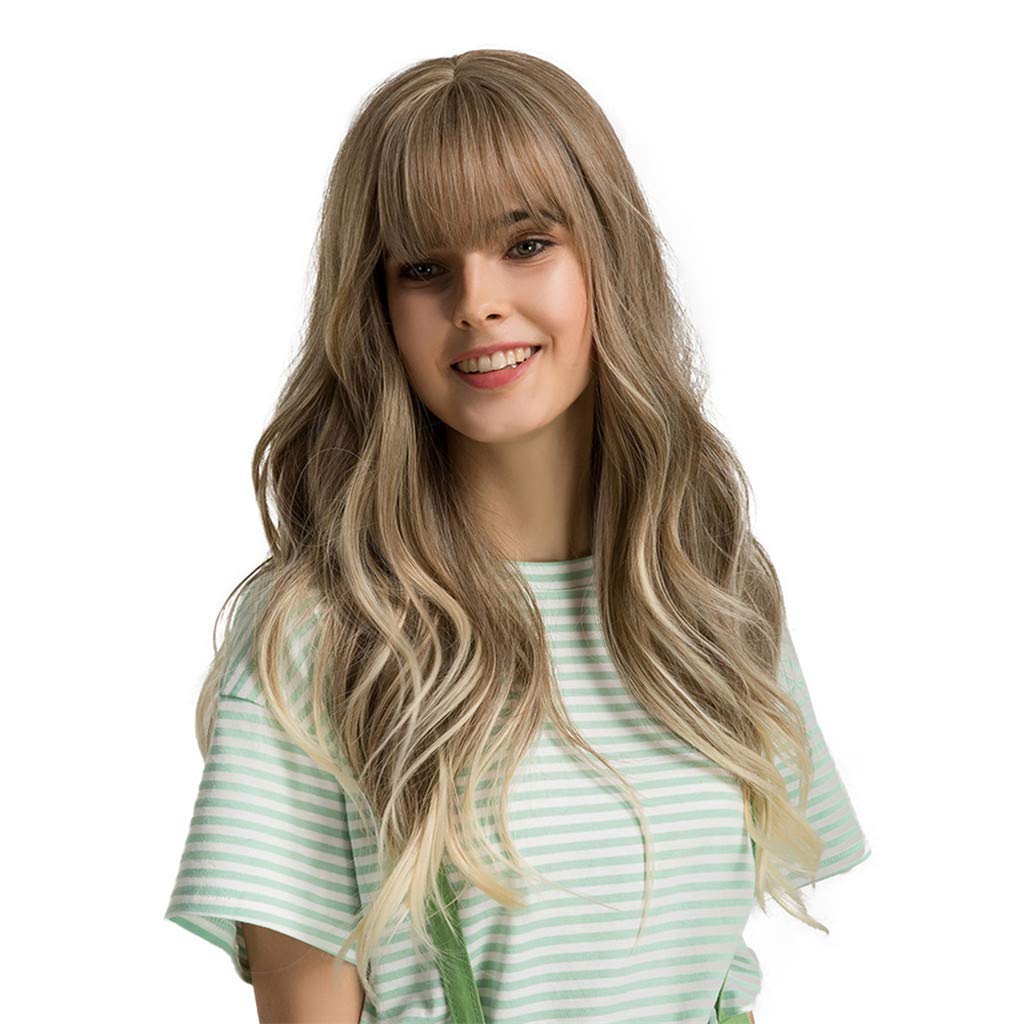 24" Wigs for Women Synthetic Wigs Long Wavy Blond with Fluffy Air Bangs Light