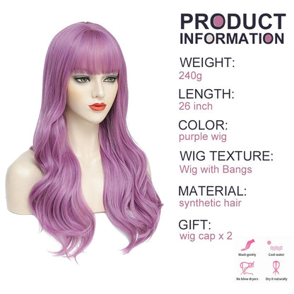 Long Purple Wigs for Women Purple Wig with Bangs Lavender Wig for Women Purple Wavy Wigs Purple Synthetic Heat Resistant Wigs for Daily Cosplay Party Winter Holiday Wig (26inch)