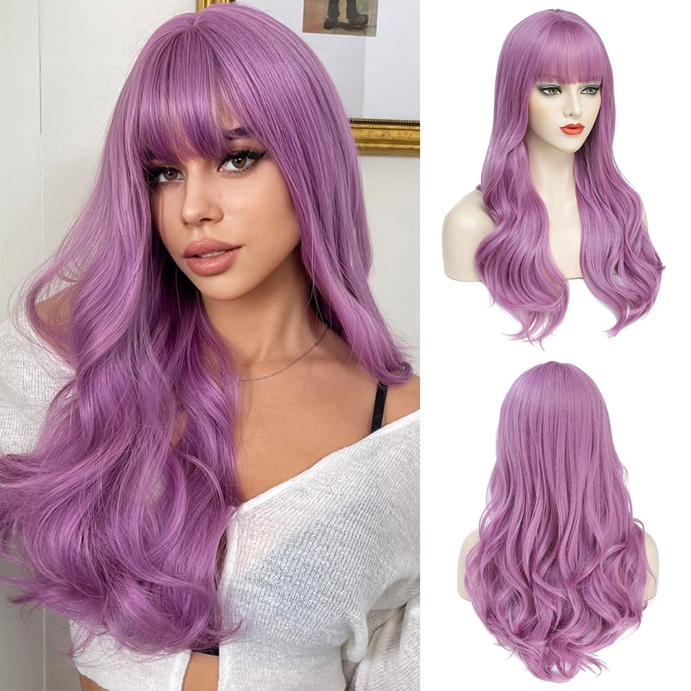 Long Purple Wigs for Women Purple Wig with Bangs Lavender Wig for Women Purple Wavy Wigs Purple Synthetic Heat Resistant Wigs for Daily Cosplay Party Winter Holiday Wig (26inch)