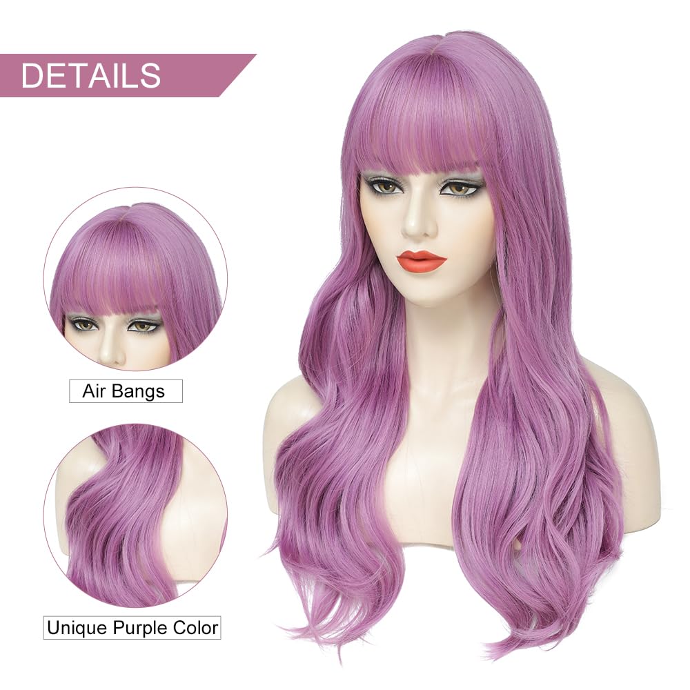 Long Purple Wigs for Women Purple Wig with Bangs Lavender Wig for Women Purple Wavy Wigs Purple Synthetic Heat Resistant Wigs for Daily Cosplay Party Winter Holiday Wig (26inch)