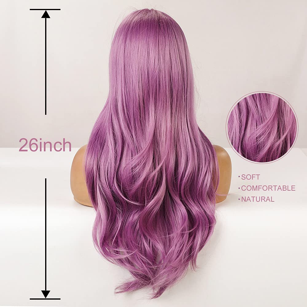 Long Purple Wigs for Women Purple Wig with Bangs Lavender Wig for Women Purple Wavy Wigs Purple Synthetic Heat Resistant Wigs for Daily Cosplay Party Winter Holiday Wig (26inch)