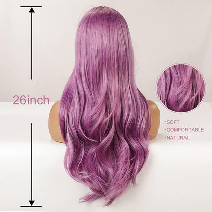 Long Purple Wigs for Women Purple Wig with Bangs Lavender Wig for Women Purple Wavy Wigs Purple Synthetic Heat Resistant Wigs for Daily Cosplay Party Winter Holiday Wig (26inch)