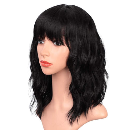 Black Wigs with Bangs for Women 14 Inches Synthetic Curly Bob Wig for Girl Natural Looking Wavy Wigs …