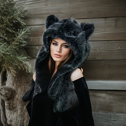 Cozy Faux Fur Fox Ear Hoodie - Thick, Warm Winter Hat with Integrated Scarf for Women | Perfect for Valentine's Day