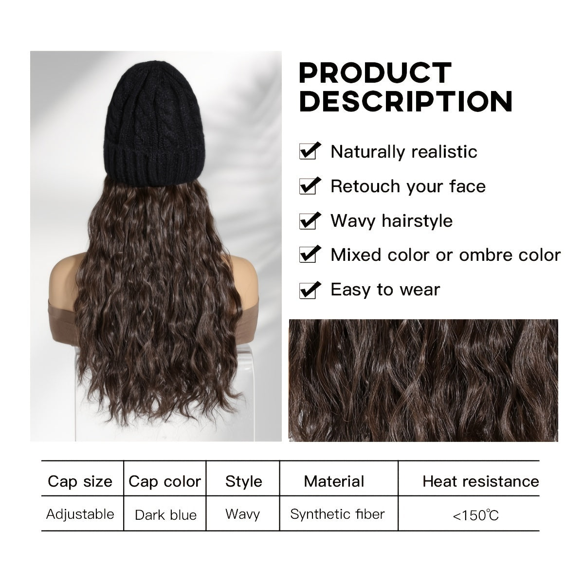 Women'S Long Wavy Curly Hair Topper with Faux Fur Pom Pom Beanie Hat for Winter Warmth and Style