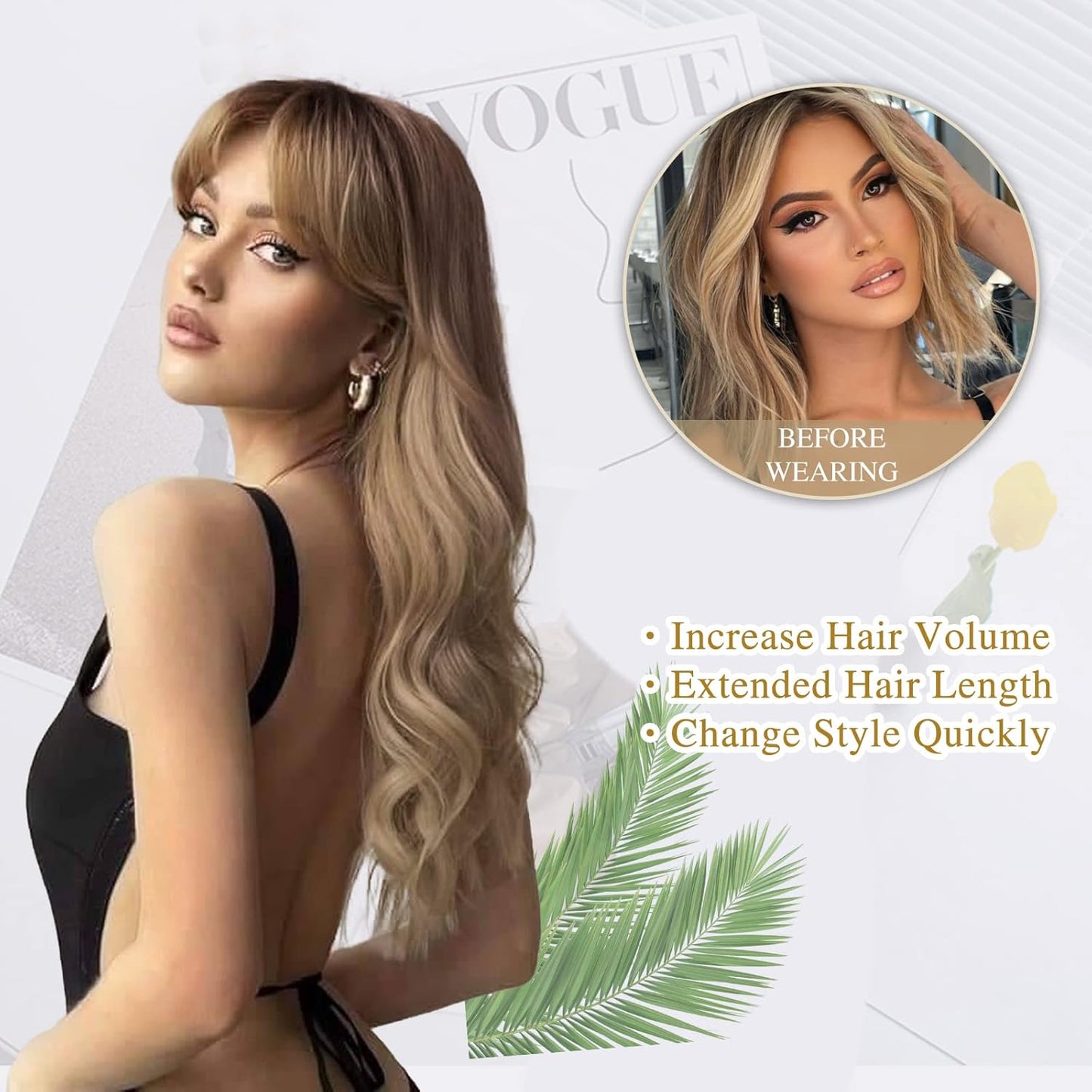 Blonde Wig With Bangs Long Wavy Curly Ombre Wig with Dark Root Synthetic Heat Resistant Wigs for Women Daily Party Use 26 Inches