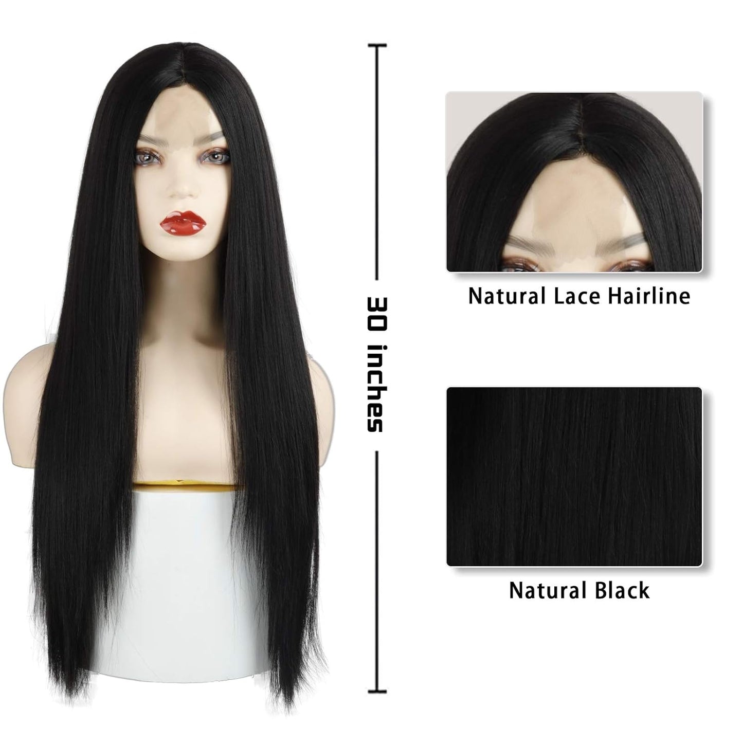 Long Straight Black Wigs for Women, Synthetic Black Straight Wig, Looking Natural Black Long Hair Wigs 30 inch