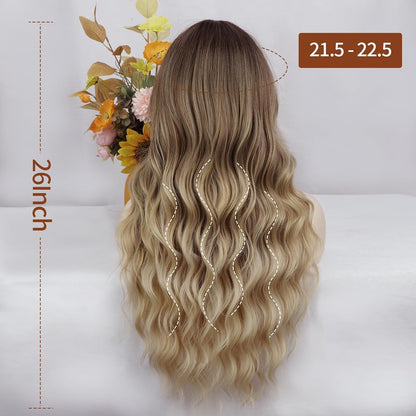 Blonde Wig With Bangs Long Wavy Curly Ombre Wig with Dark Root Synthetic Heat Resistant Wigs for Women Daily Party Use 26 Inches