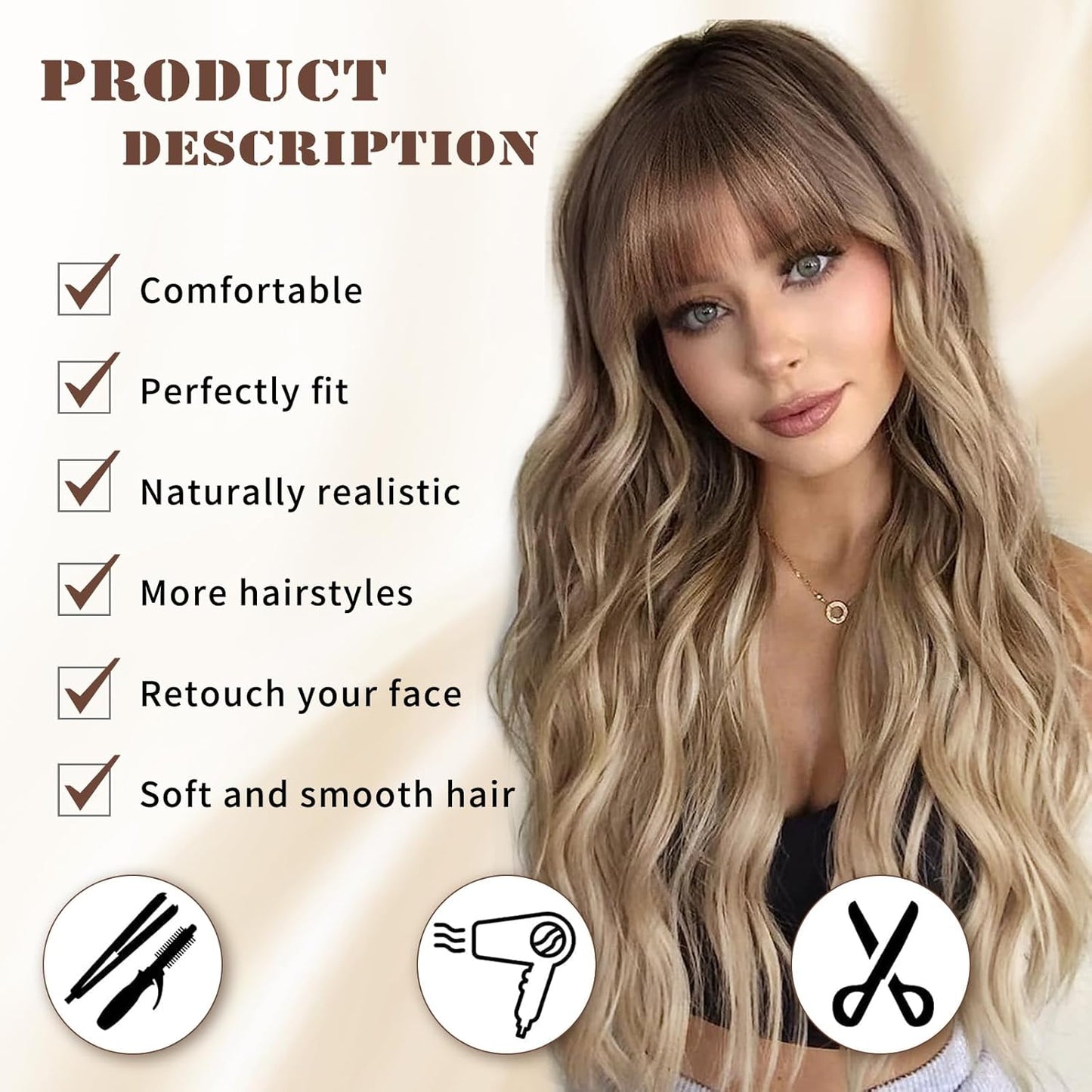 Blonde Wig With Bangs Long Wavy Curly Ombre Wig with Dark Root Synthetic Heat Resistant Wigs for Women Daily Party Use 26 Inches