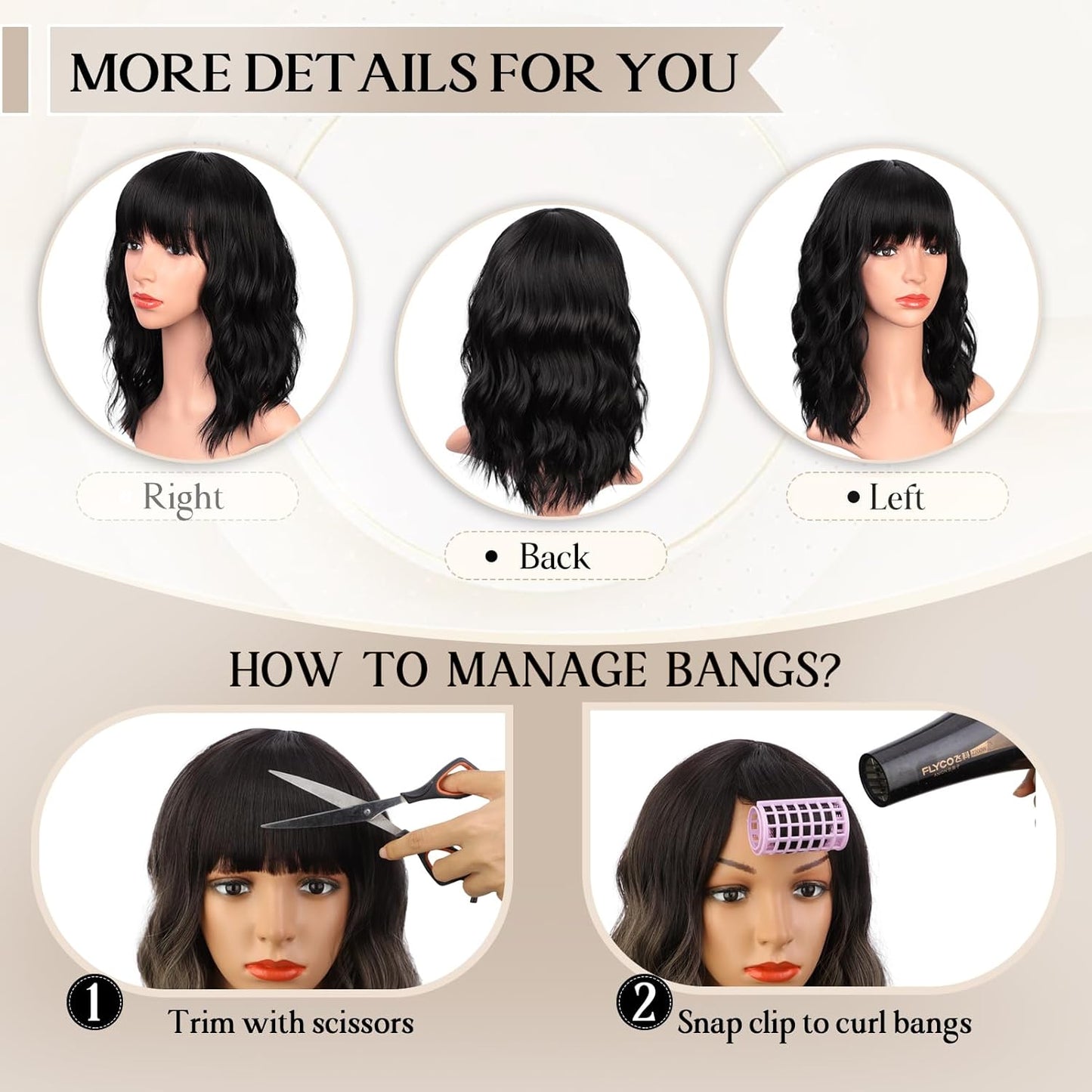 Black Wigs with Bangs for Women 14 Inches Synthetic Curly Bob Wig for Girl Natural Looking Wavy Wigs …