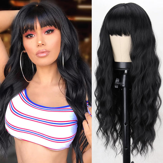 Long Black Wig with Bangs,26 Inches Synthetic Wavy Bang Black Wigs for Women, Women Long Curly Heat Resistant Black Hair Wig,Cosplay Selena Black Wig