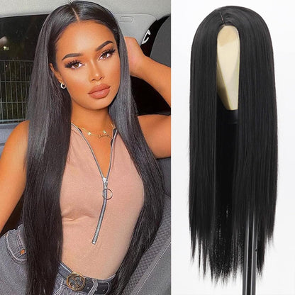 Long Straight Black Wigs for Women, Synthetic Black Straight Wig, Looking Natural Black Long Hair Wigs 30 inch