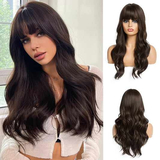 24" Wigs for Women Synthetic Wigs Long Wavy Blond with Fluffy Air Bangs Light