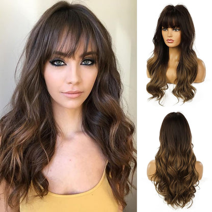 24" Wigs for Women Synthetic Wigs Long Wavy Blond with Fluffy Air Bangs Light