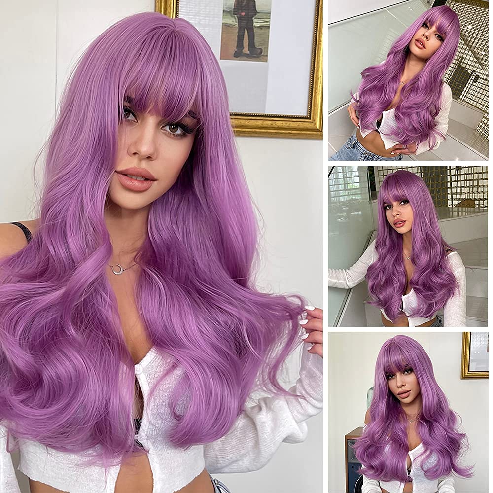 Long Purple Wigs for Women Purple Wig with Bangs Lavender Wig for Women Purple Wavy Wigs Purple Synthetic Heat Resistant Wigs for Daily Cosplay Party Winter Holiday Wig (26inch)