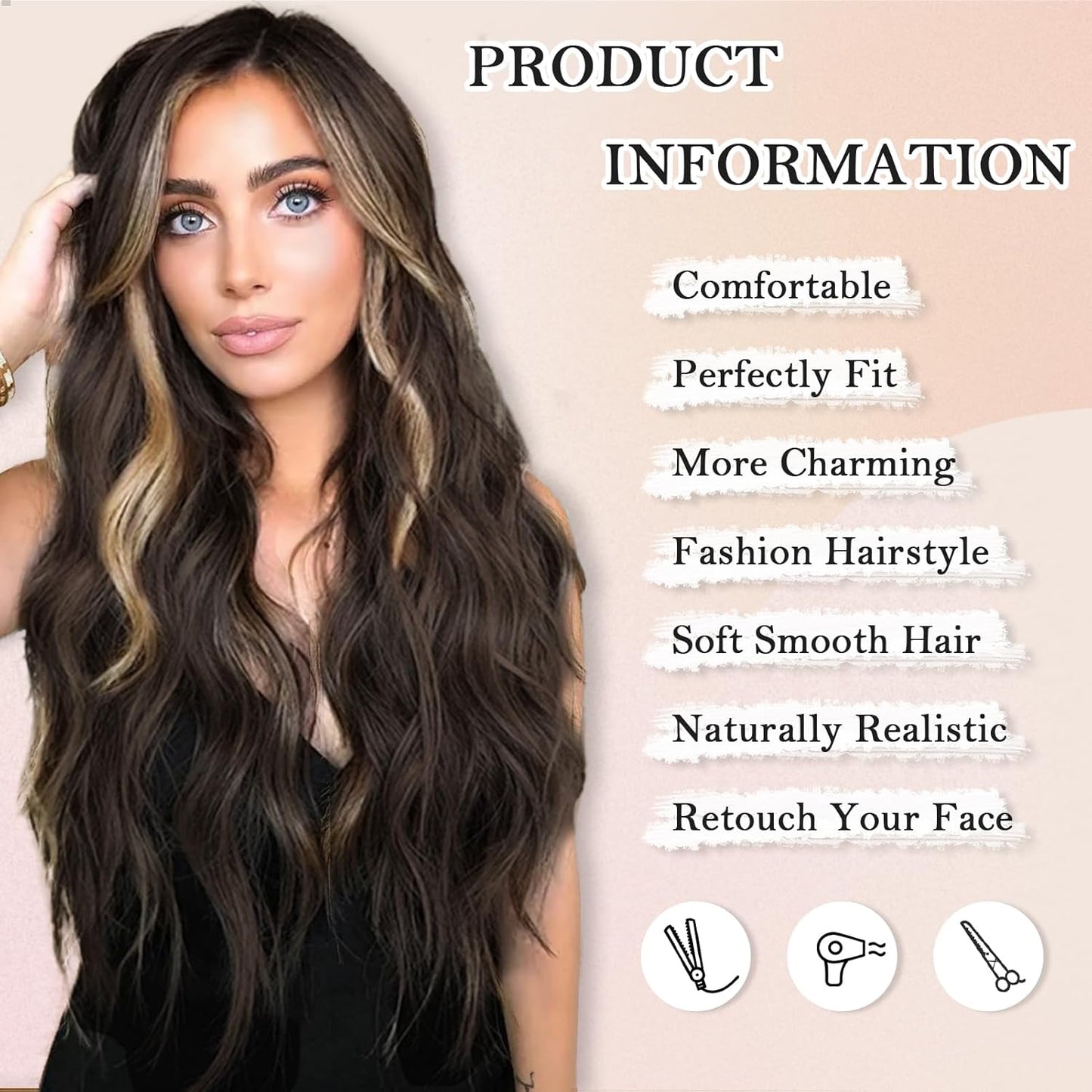 Long Wavy Middle Part Wig for Women Synthetic Curly Wigs Natural Wavy Heat Resistant Wig for Daily Party Use (Brown Mixed Blonde,24inch)