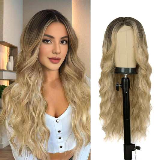 Long Ombre Blonde Wig for Women 26 Inch Middle Part Wavy Women Charming Wigs Realistic Natural Looking Synthetic Heat Resistant Fiber Wig for Daily Party Use