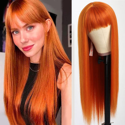 Red Color Long Silky Straight Wigs with Bangs Synthetic No Lace Wig for Fashion Women Heat Resistant Natural Looking Hair Wig for Party Cosplay