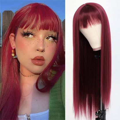 Red Color Long Silky Straight Wigs with Bangs Synthetic No Lace Wig for Fashion Women Heat Resistant Natural Looking Hair Wig for Party Cosplay