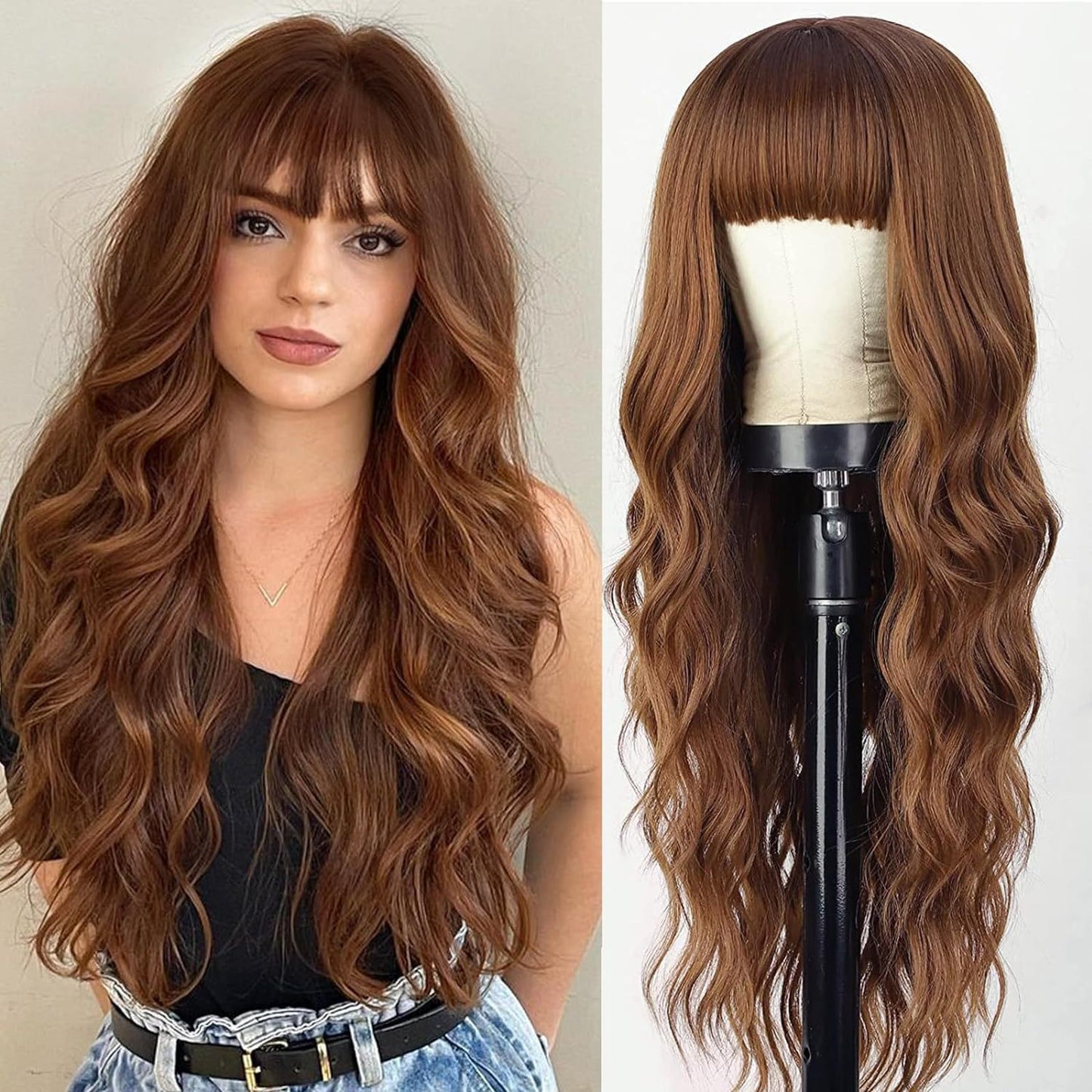 Brown Wig with Bangs for Women Long Wavy Hair Wig Brown Highlight Wig Curly Wavy Synthetic Wigs for Girls Daily Party Use