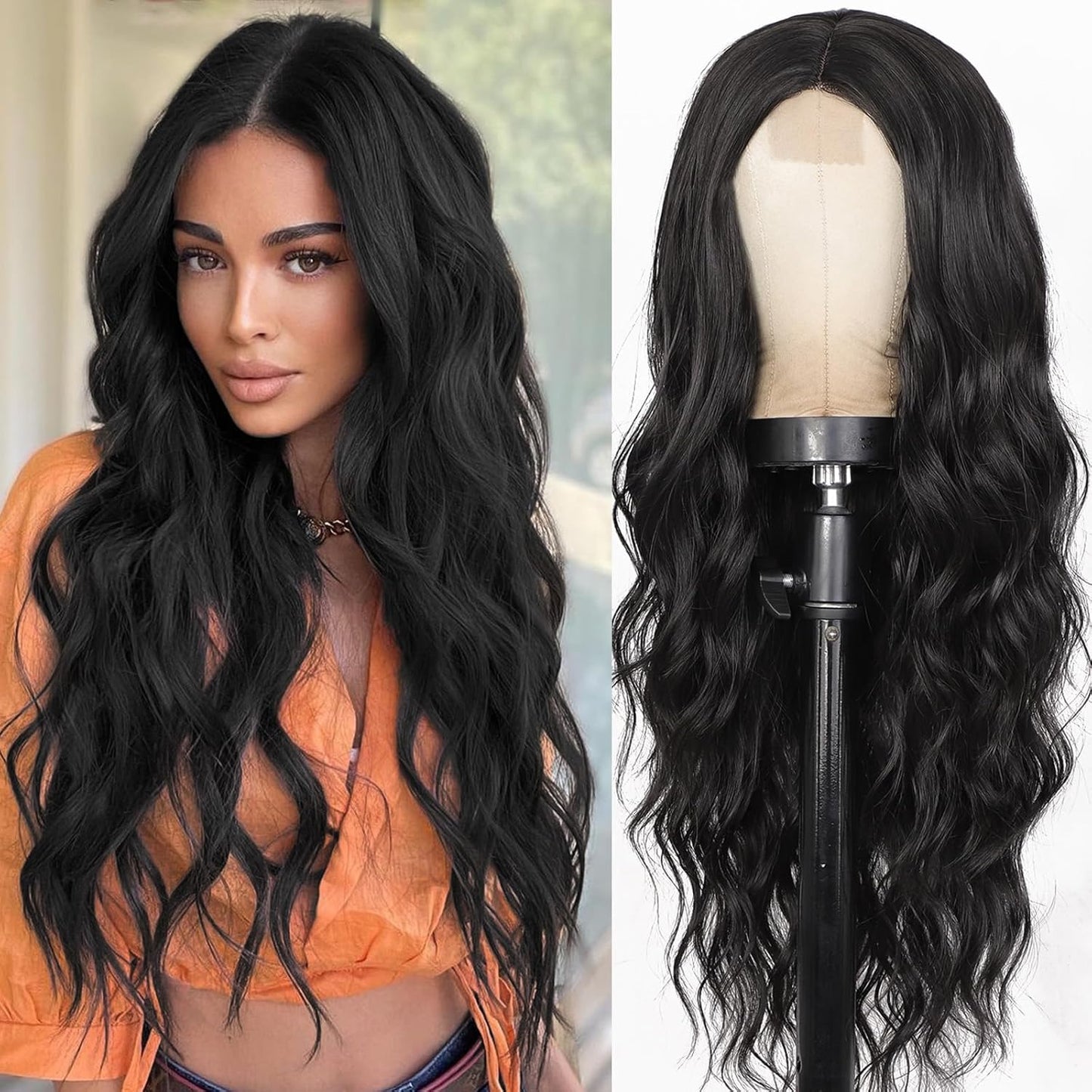 Black Wigs for Women, Long Wavy Wigs Middle Part Curly Wavy Wig Natural Looking Synthetic Heat Resistant Fiber Wig for Daily Party Use 26 Inch