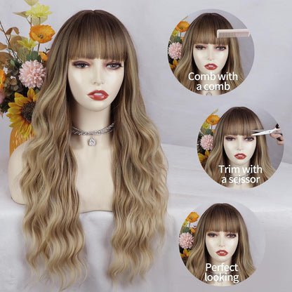 Blonde Wig With Bangs Long Wavy Curly Ombre Wig with Dark Root Synthetic Heat Resistant Wigs for Women Daily Party Use 26 Inches