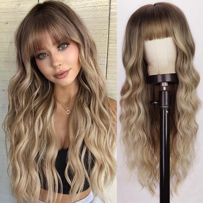 Blonde Wig With Bangs Long Wavy Curly Ombre Wig with Dark Root Synthetic Heat Resistant Wigs for Women Daily Party Use 26 Inches