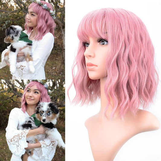 Pastel Wavy Wig With Air Bangs Women's Short Bob Purple Pink Wigs Curly Wavy Shoulder Length Pastel Bob Wigs Synthetic Wig for White Women Girls Daily Use Colorful Wigs