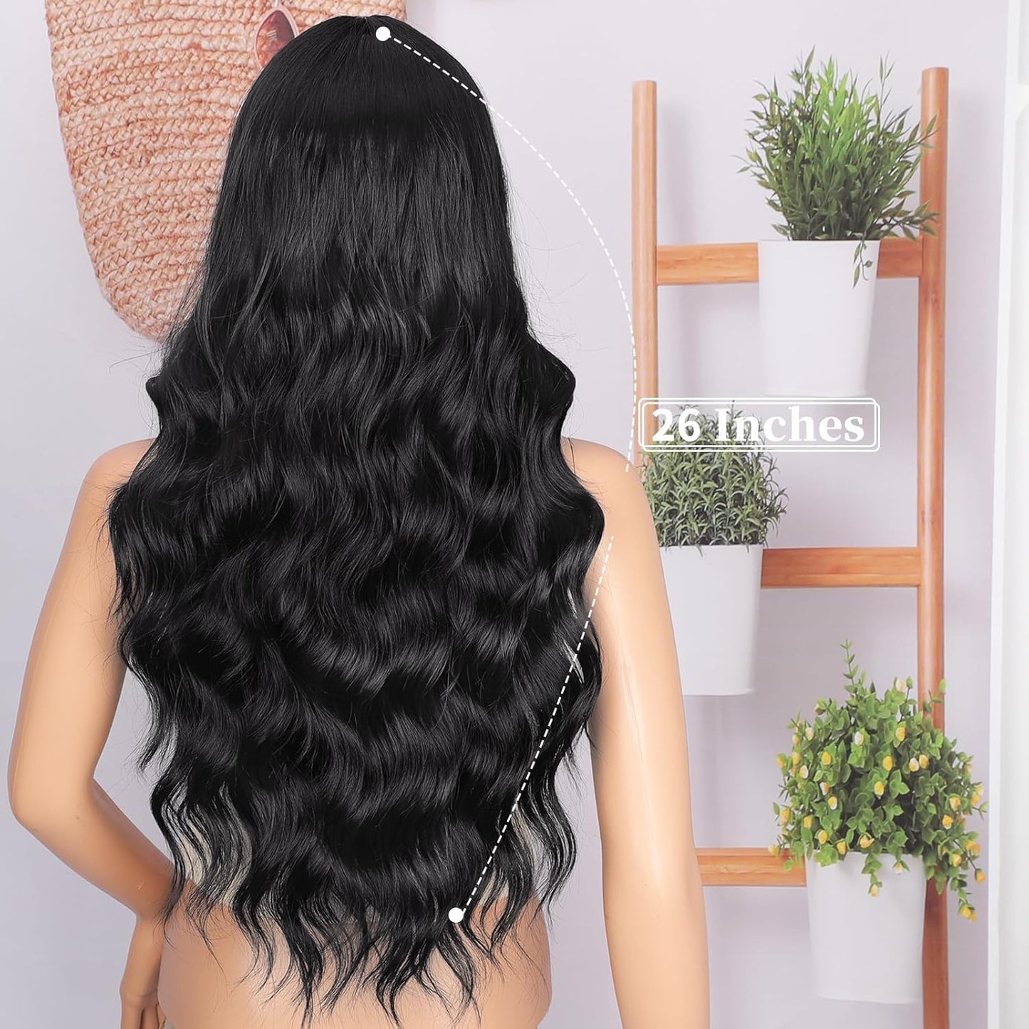 Black Wigs for Women, Long Wavy Wigs Middle Part Curly Wavy Wig Natural Looking Synthetic Heat Resistant Fiber Wig for Daily Party Use 26 Inch