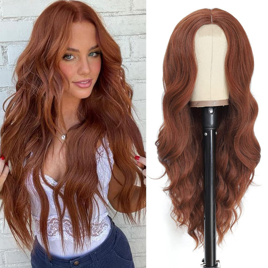 Long Auburn Wavy Wig for Women 26 Inch Middle Part Curly Wavy Wig Natural Looking Synthetic Heat Resistant Fiber Wig for Daily Party Use