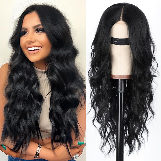 Black Wig for Women, Long Wavy Lace Hairline Wig, 26 Inch Middle Part Synthetic Heat Resistant Wig for Daily Party