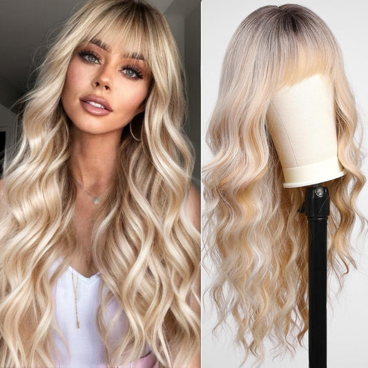 Ombre Blonde Wigs with Bangs,Long Curly Wig for Women,Blonde Long Wavy Wig Synthetic Hair Wig for Party Cosplay Daily Use 24IN