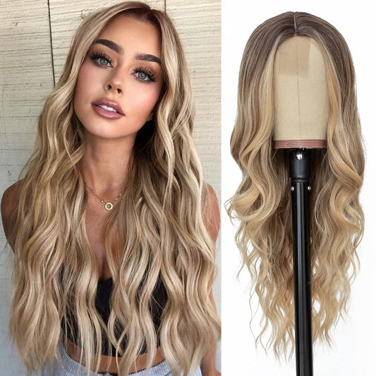 Long Ombre Blonde Wavy Wig for Women 26 Inch Middle Part Curly Wavy Wig Natural Looking Synthetic Heat Resistant Fiber Wig for Daily Party Use