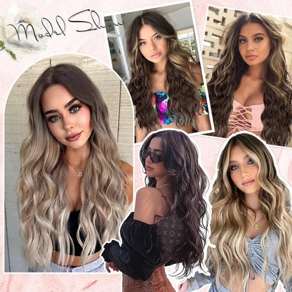 Long Wavy Middle Part Wig for Women Synthetic Curly Wigs Natural Wavy Heat Resistant Wig for Daily Party Use (Brown Mixed Blonde,24inch)