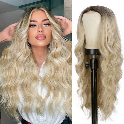 Long Wavy Middle Part Wig for Women Synthetic Curly Wigs Natural Wavy Heat Resistant Wig for Daily Party Use (Brown Mixed Blonde,24inch)