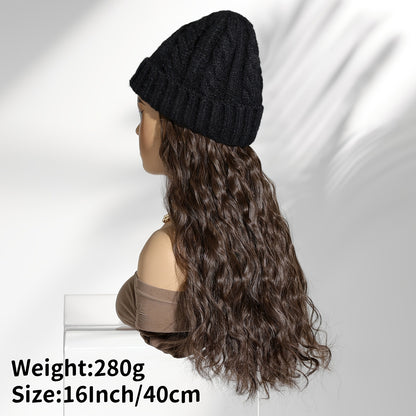 Women'S Long Wavy Curly Hair Topper with Faux Fur Pom Pom Beanie Hat for Winter Warmth and Style