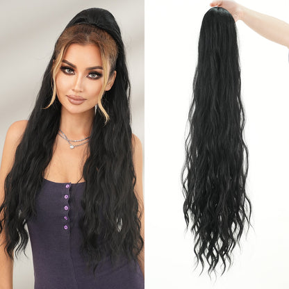 Long Curly Ponytail Wigs with Drawstring Net and Elastic Mesh, Fluffy Water Wave Ponytail Hair Extension for Women