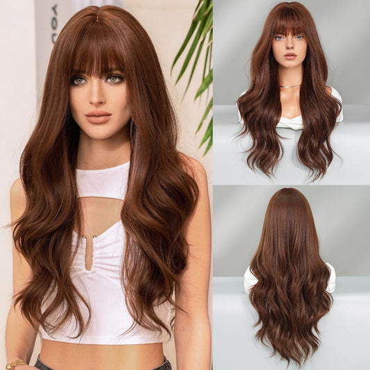 Warm Brown Long Curly Wigs for Women, High Temperature Resistant Synthetic Fiber Full Wig for Daily and All Seasons Use