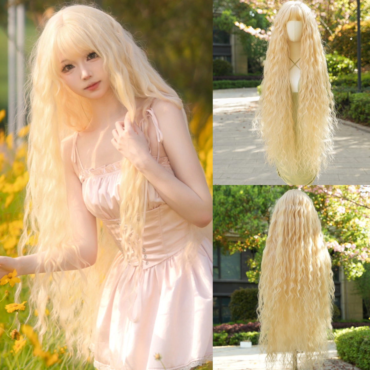 Extra Long Golden Fringe Curly Wigs for Role-playing and Lolita Style, Natural and Silky Synthetic Wigs for Girls