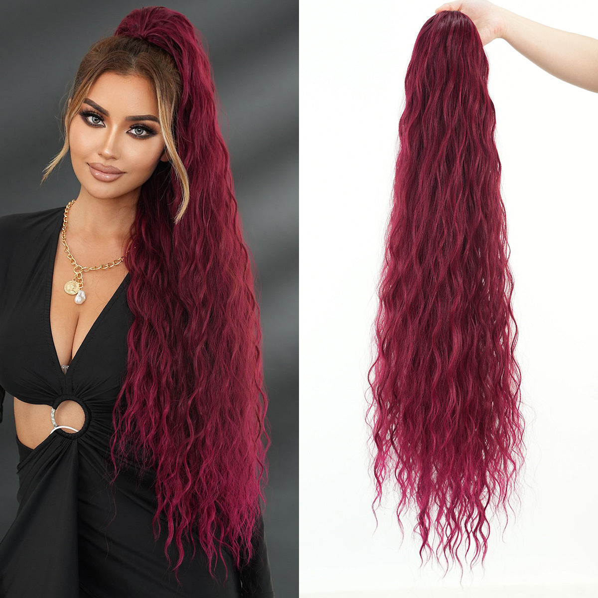 Long Curly Ponytail Wigs with Drawstring Net and Elastic Mesh, Fluffy Water Wave Ponytail Hair Extension for Women